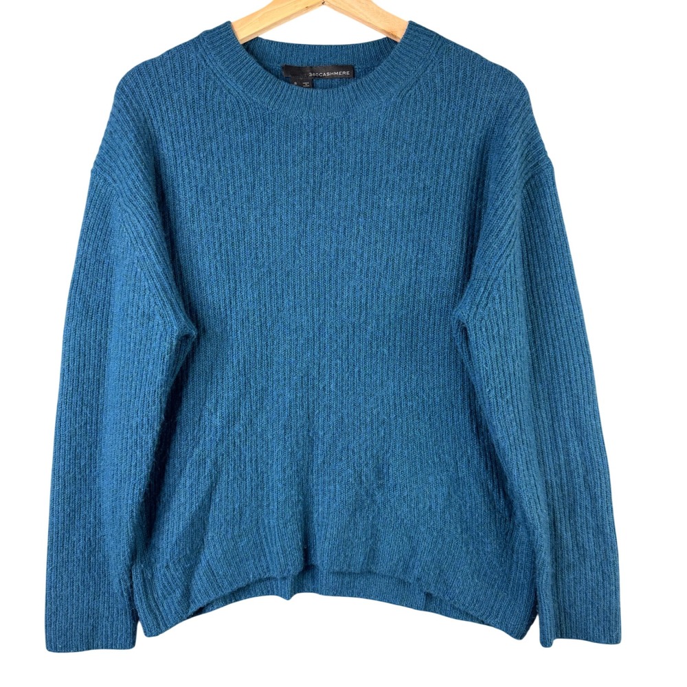 360Cashmere Teal Blue 100% Cashmere Ribbed Crew Neck Pullover Sweater Small